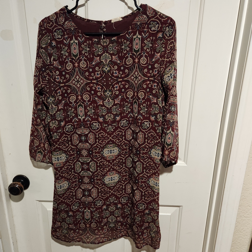 Hollister Maroon Paisley Long Sleeve Dress Festival Boho Peasant Medium